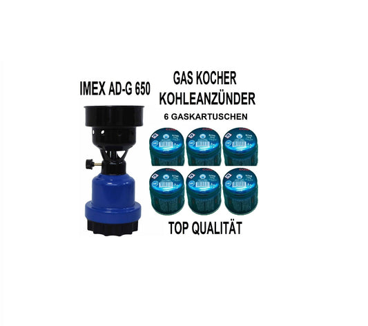 IMEX Camping Gaskocher Metall Kartuschen Kohleanzünder /AD-G650 mit 6 Gaskartuschen