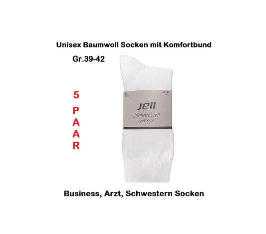5 Paar Unisex Baumwoll Socken mit Komfortbund Gr.39-42 Weiß