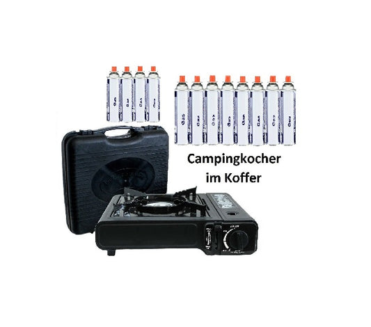 Gaskocher Campingkocher im Koffer mit Piezozündung + Gas zur Auswahl (Schwarz)